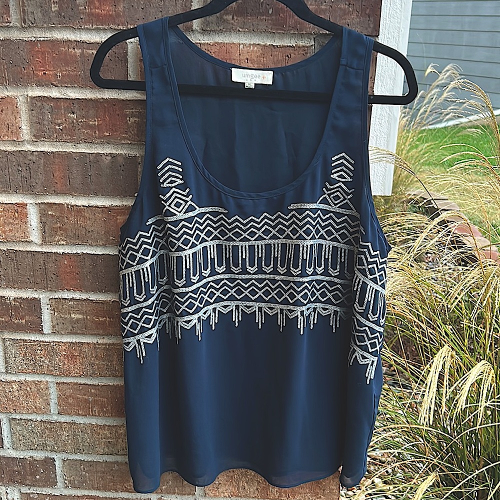 UMGEE Ladies 1X Navy Silver sparkle detail tank top